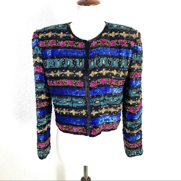 Night Vogue Vintage Sequin Silk Jacket Size Petite Small - Picture 1 of 8